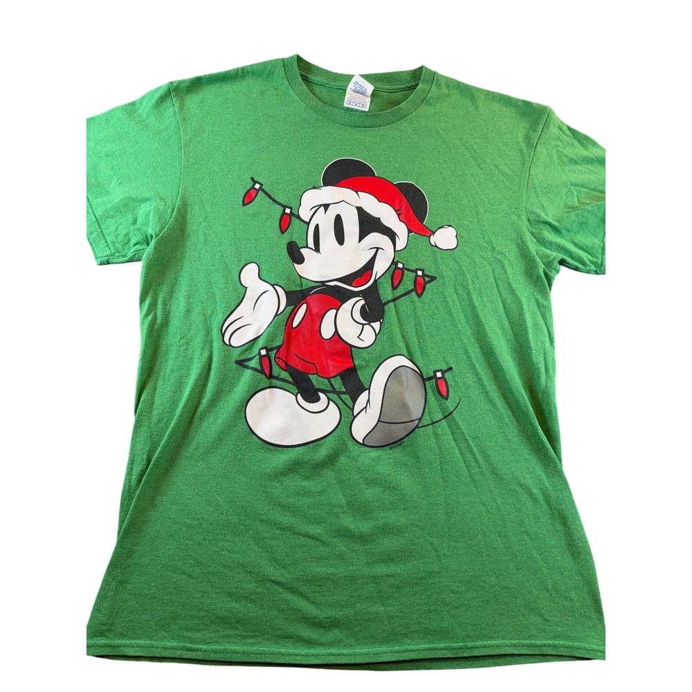 Disney Mickey Mouse Christmas Santa Lights Green T-Shirt Medium Delta Pro Weight